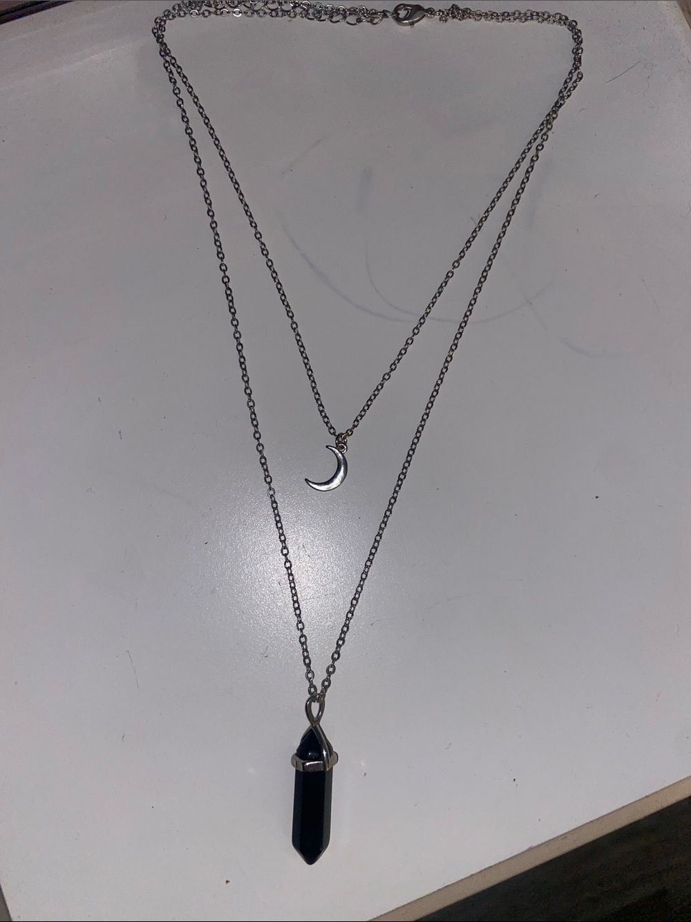 Layered Silver Necklace with Crescent Moon and Black Crystal Point